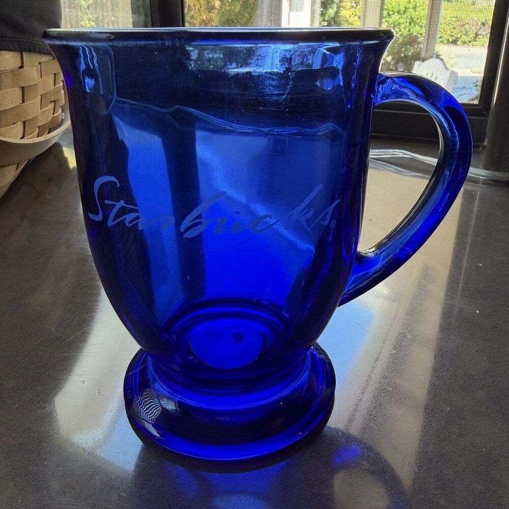 Vintage Starbucks Coffee Mug Etched Logo Glass Pedestal Blue Anchor Hocking 16oz